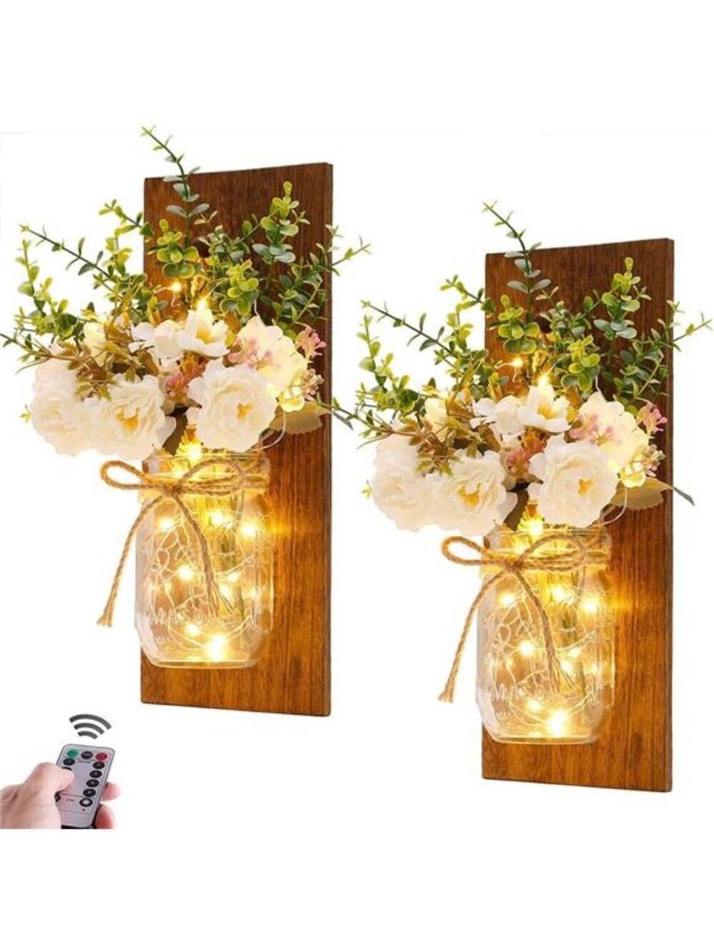 Mason Jar Wall Sconce Set of 2 LED Fairy Lights Rustic Farmhouse Wall Decor
